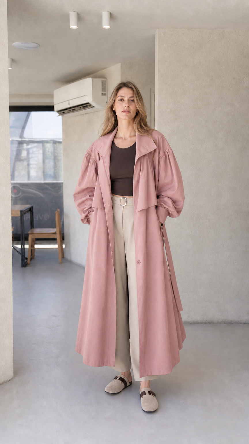 Model wearing dusty pink longline maxi trench coat with gathered sleeves