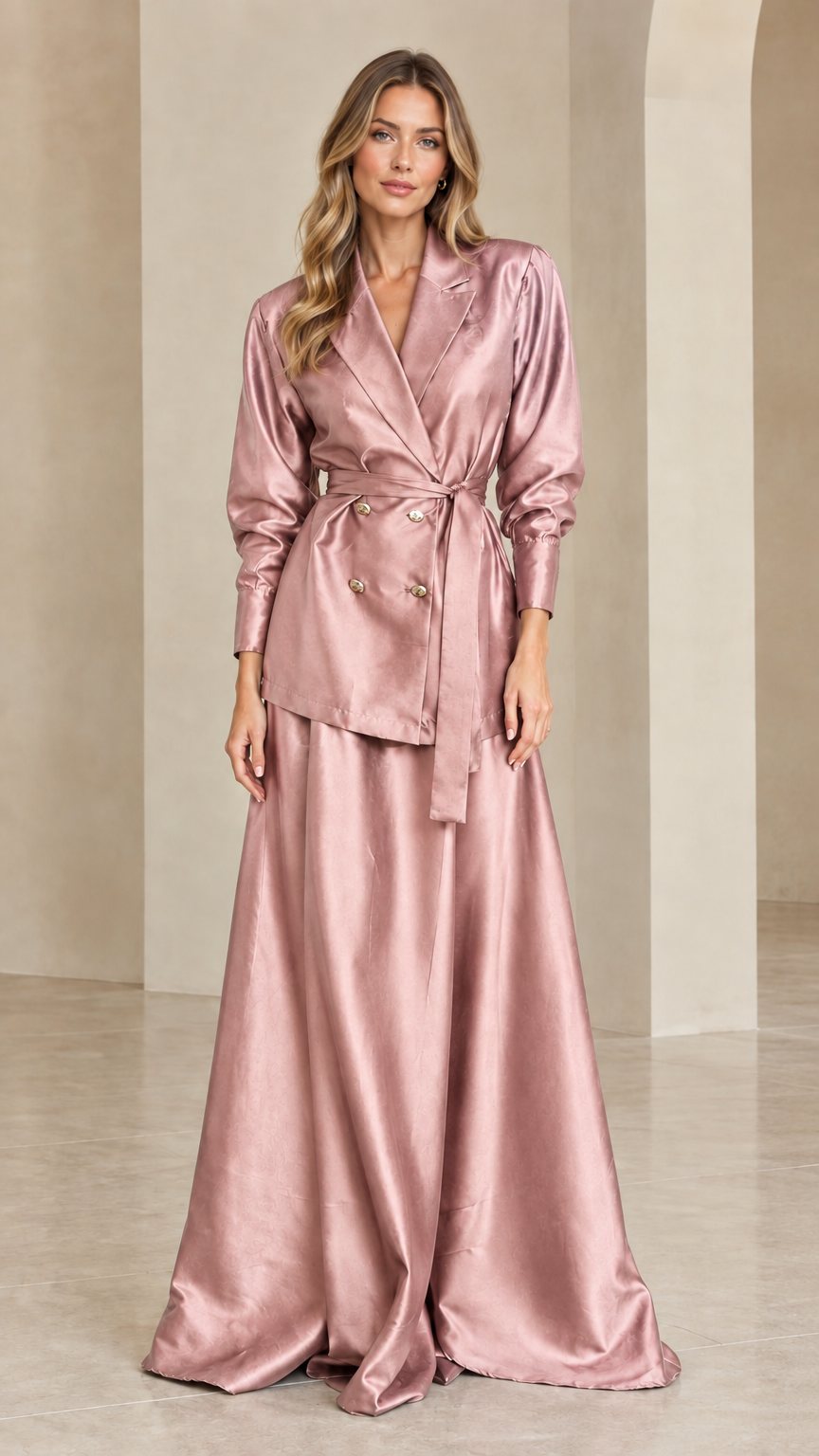 Woman wearing dusty rose pink satin blazer and maxi skirt set