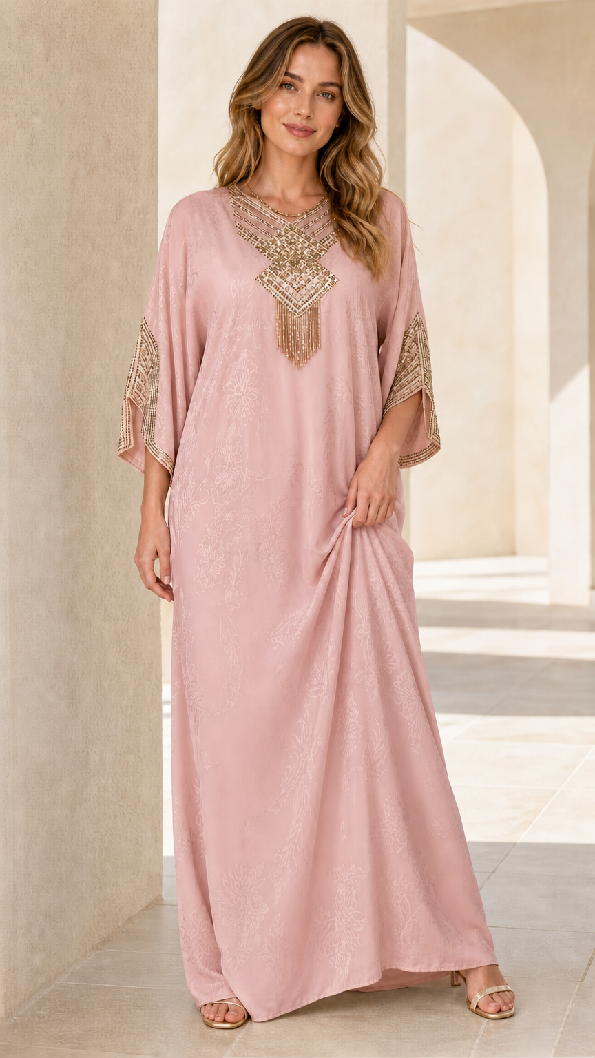 Model wearing Dusty Pink embellished kaftan maxi dress
