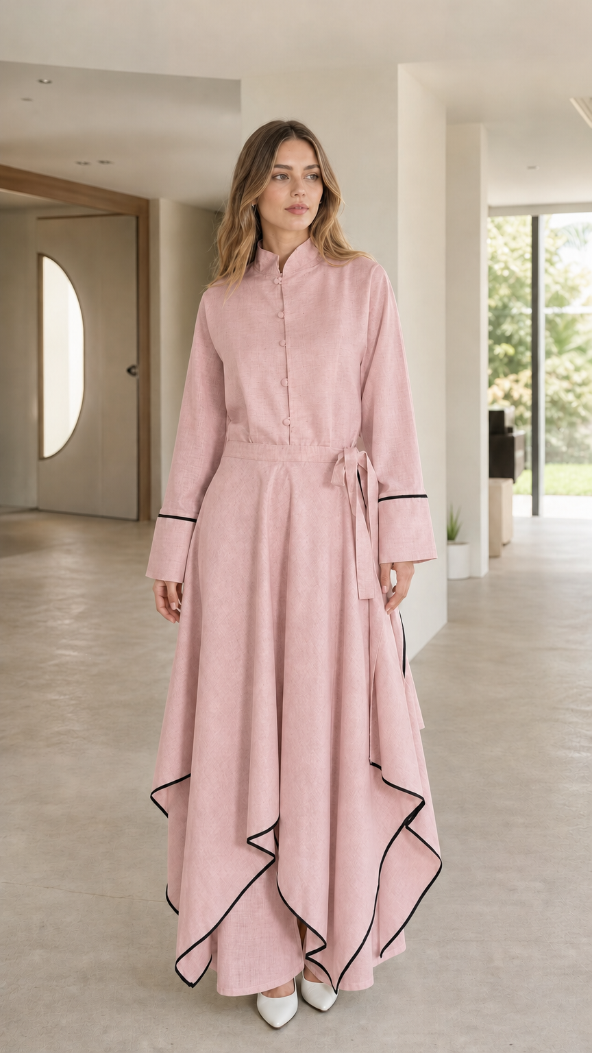 Front view of woman wearing pink maxi dress with contrast trim
