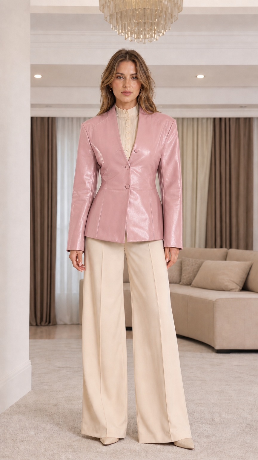 Front view of model wearing Blush Pink collarless faux leather blazer