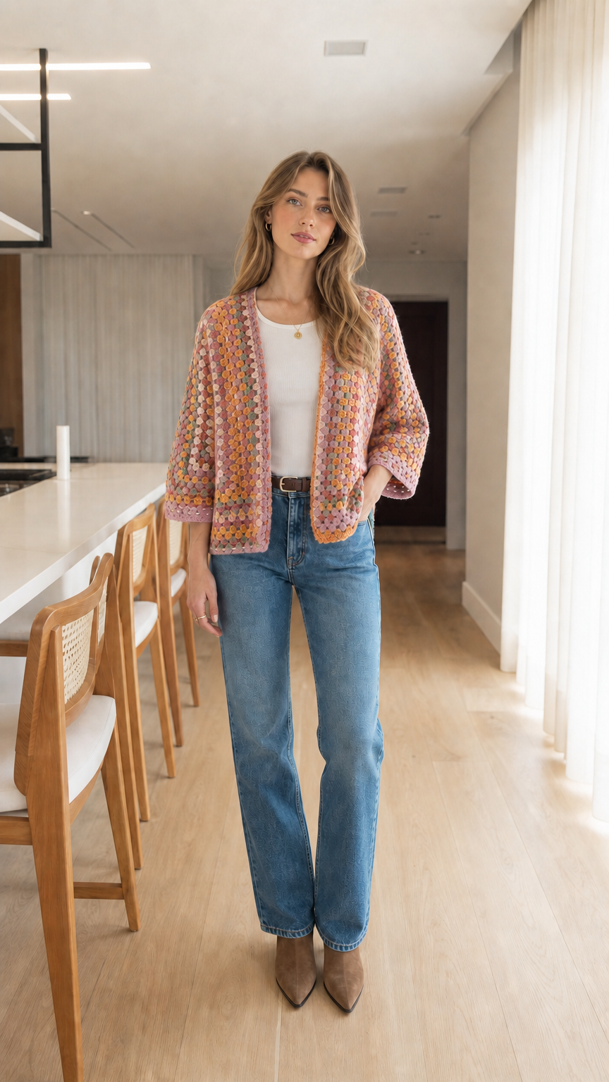 Woman wearing Pink Multi pastel crochet knit open front cardigan