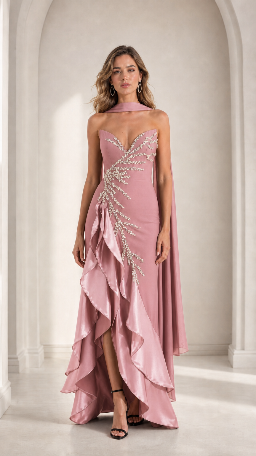 Dusty rose strapless formal gown with beaded bodice and ruffled hem front view