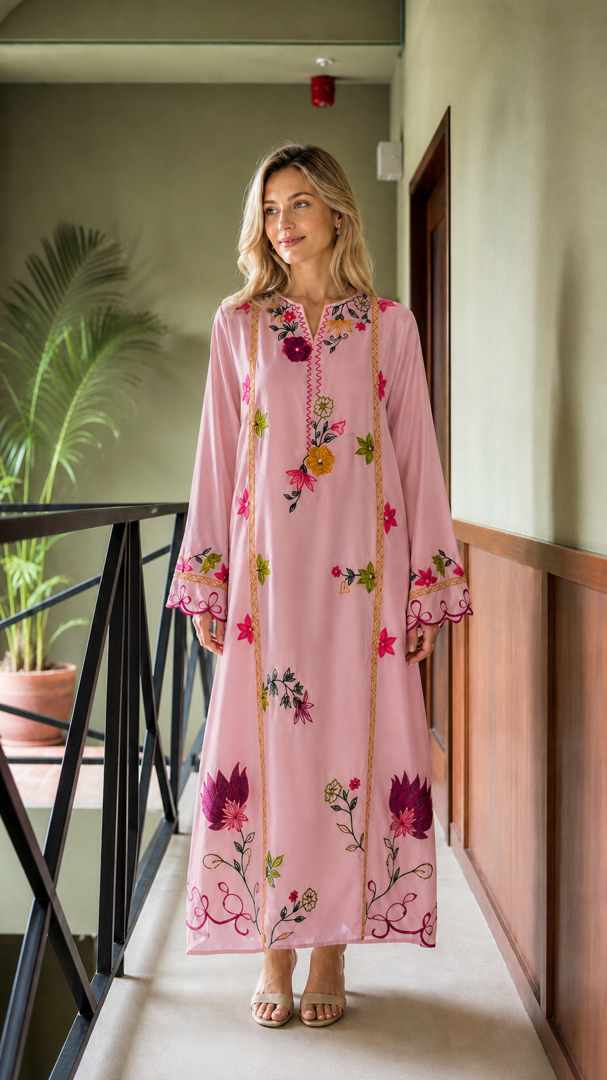 Model wearing Pink floral embroidered maxi kaftan dress