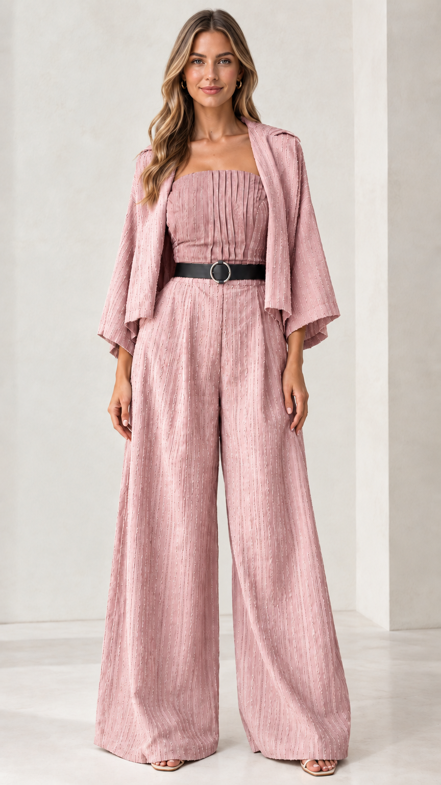 Full front view of the pleated bandeau wide-leg jumpsuit set in dusty pink