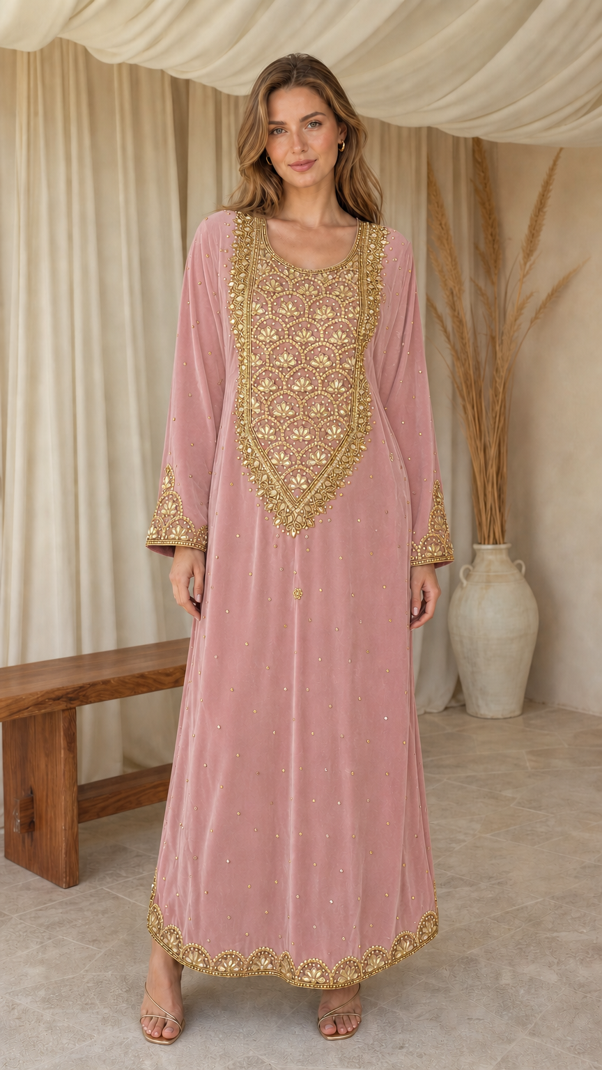 Model posing in dusty pink embroidered velvet maxi kaftan dress