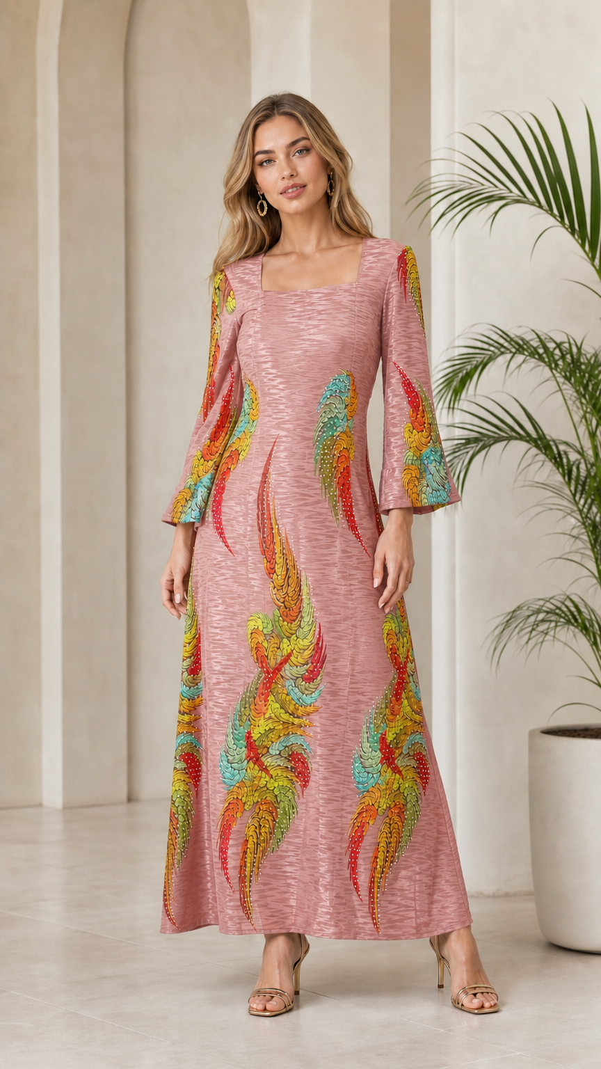 Front view of model wearing Dusty Pink square neck embellished maxi dress
