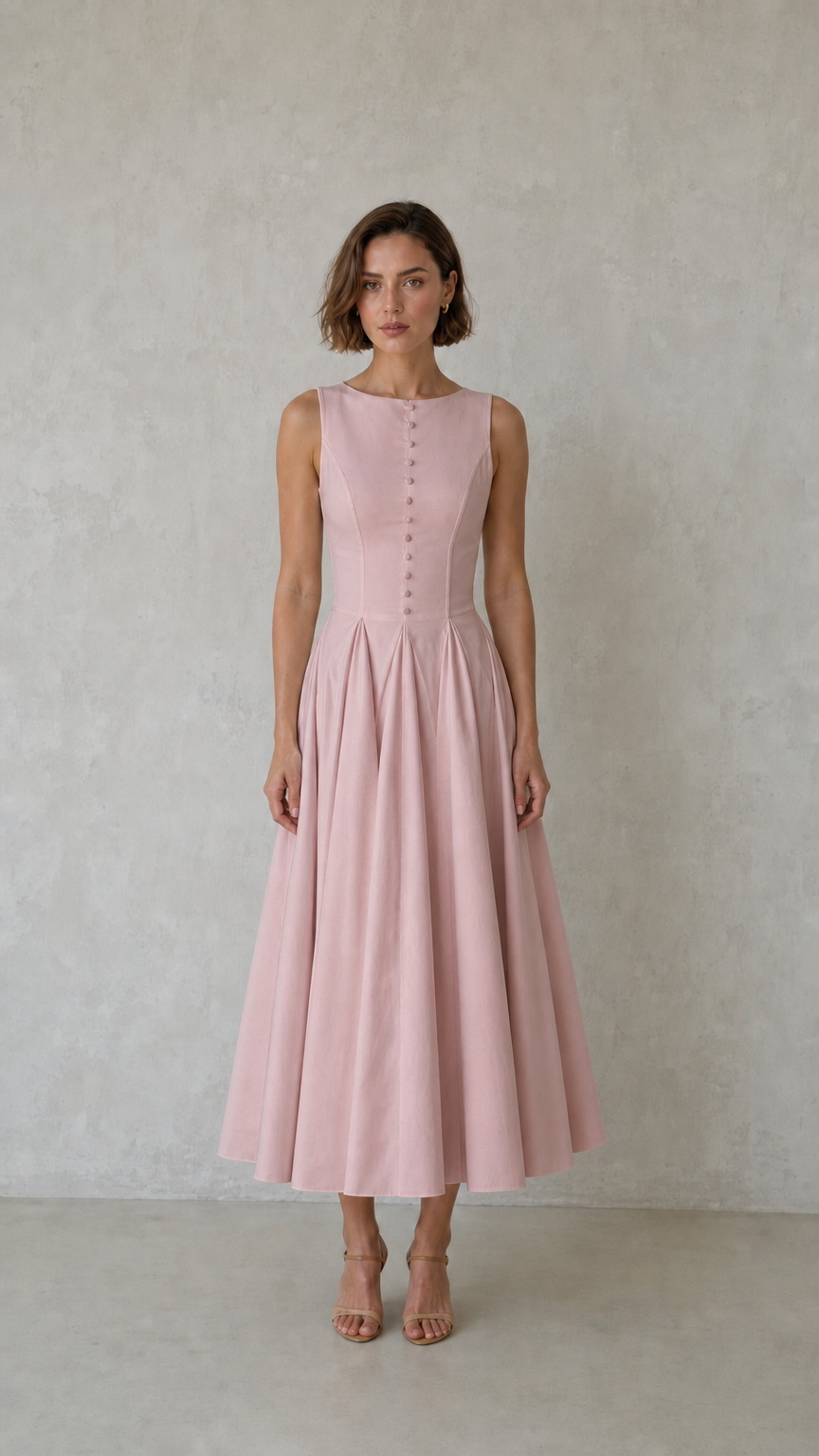 Front view of woman wearing pink sleeveless pleated midi dress