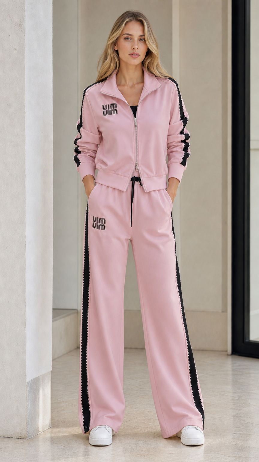 Model wearing Pink contrast-stripe track jacket and wide-leg sweatpants set
