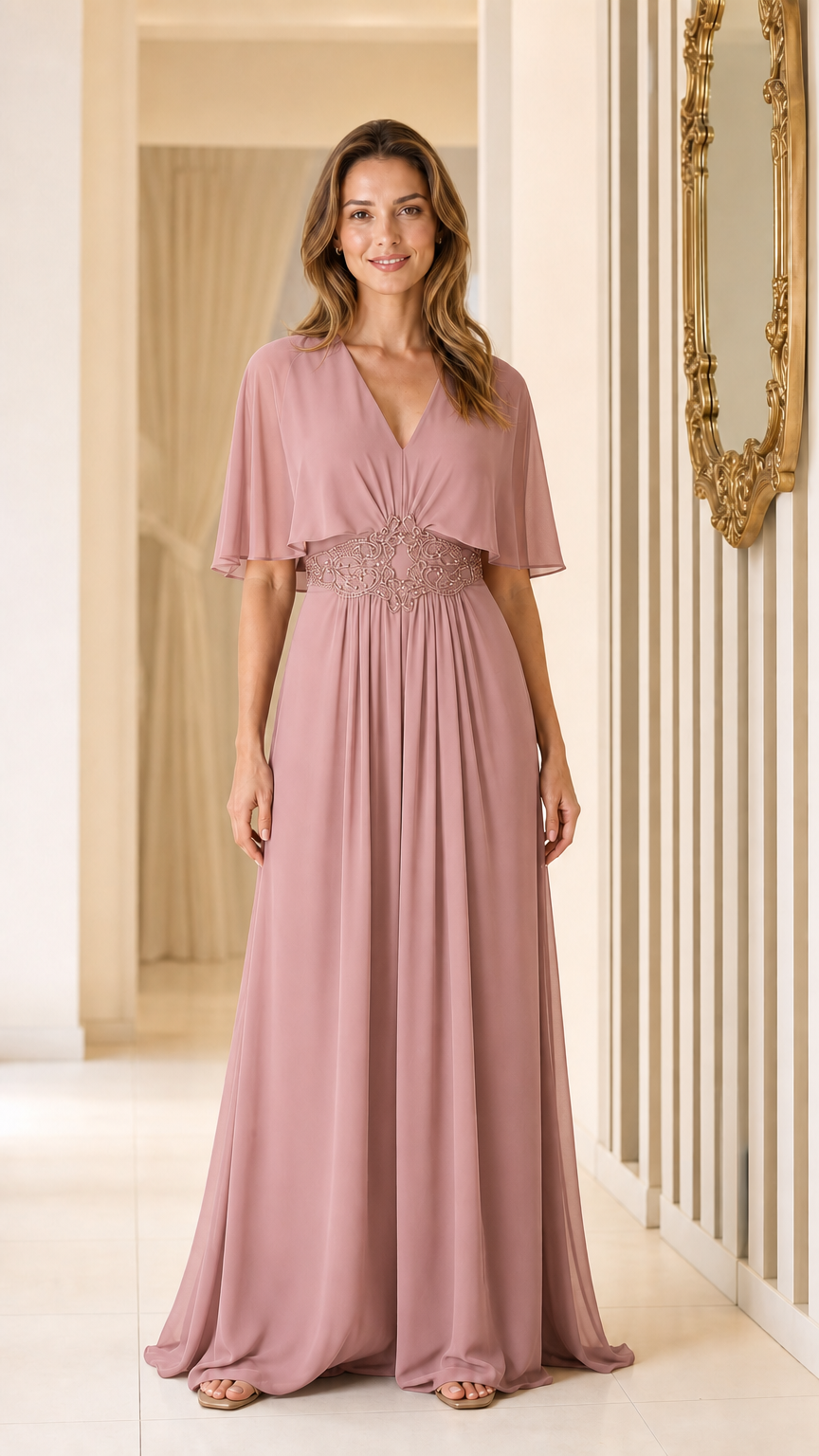 Full view of dusty rose V-neck chiffon maxi dress
