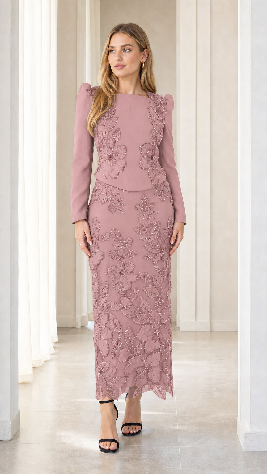 Front view of dusty rose long sleeve beaded floral lace formal maxi dress