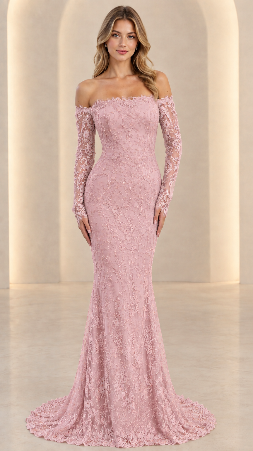 Front full view of dusty rose pink off-the-shoulder long sleeve lace evening dress