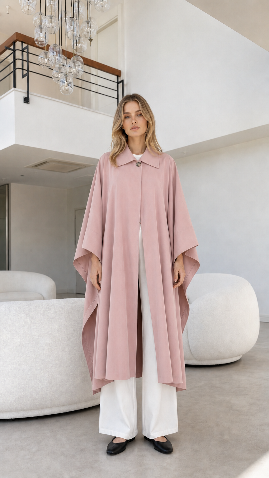 Full front view of model wearing dusty pink flowing cape coat