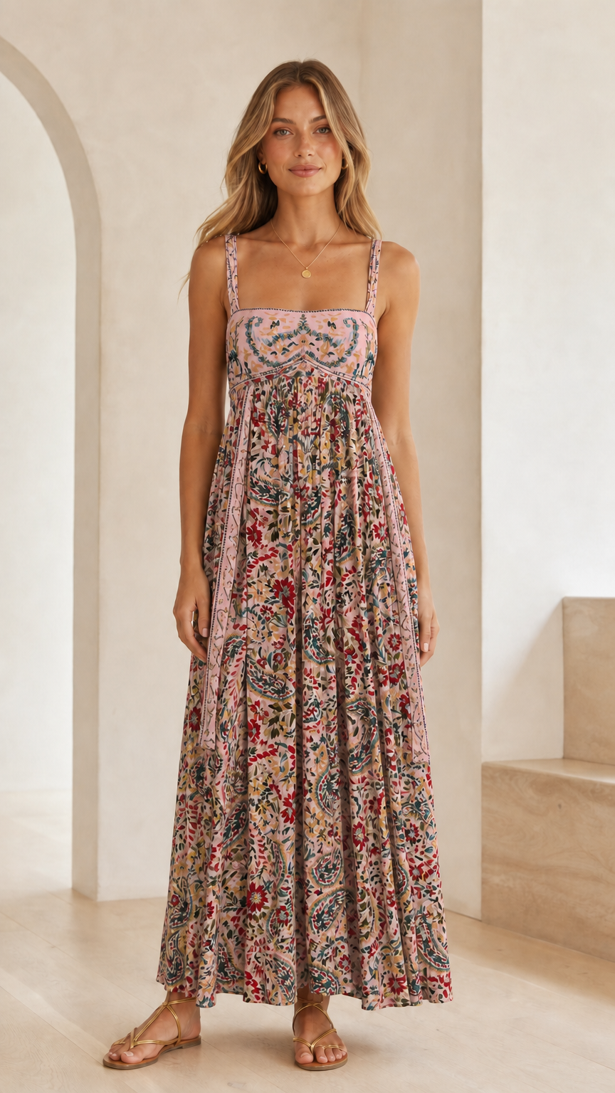 Front view of model wearing dusty pink floral print square neck maxi dress