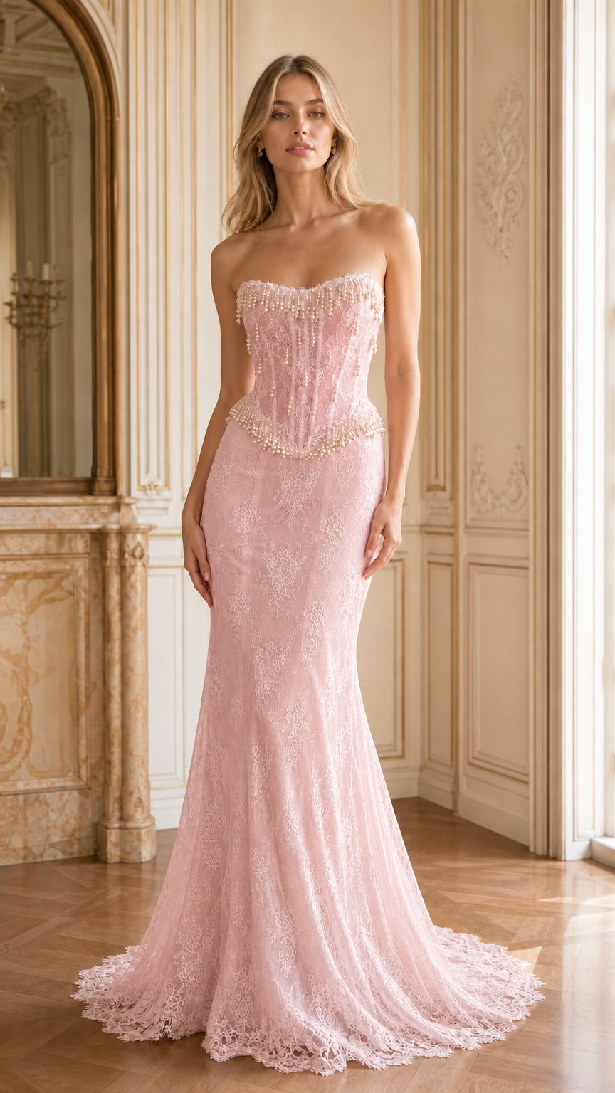 Front full-length view of blush pink strapless pearl beaded corset lace mermaid gown