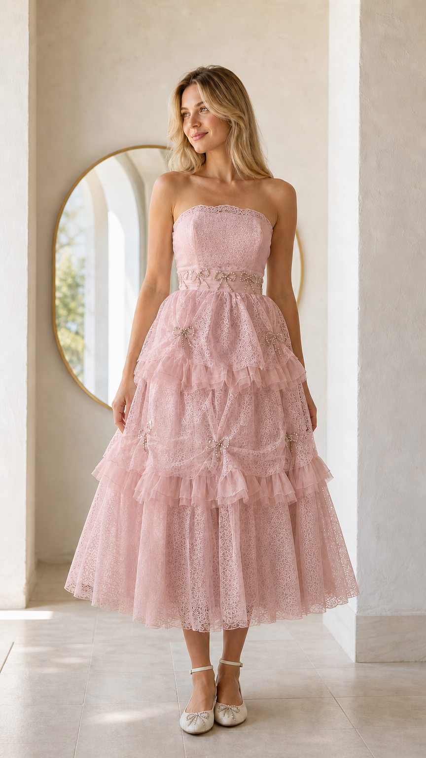 Front full view of woman wearing pink strapless tiered midi dress