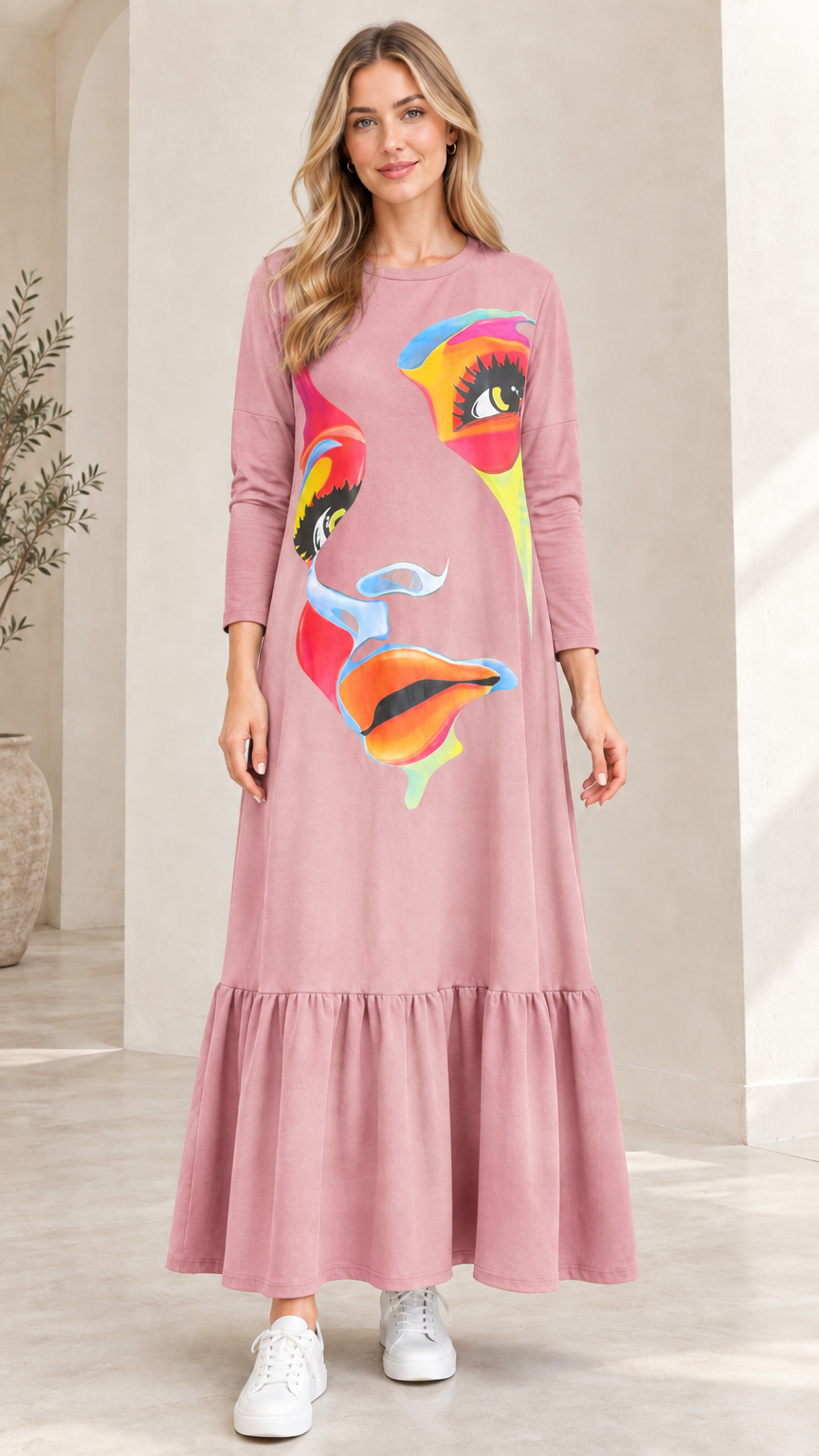 Full-length view of woman wearing Dusty Pink abstract graphic print tiered maxi dress