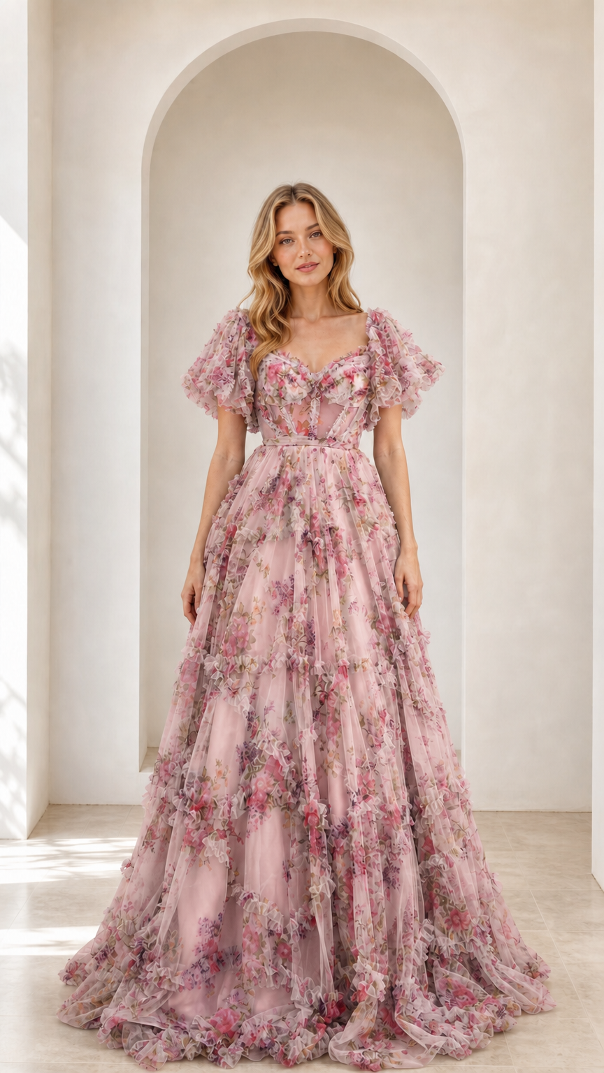 Full-length front view of dusty pink floral ruffled tulle corset evening gown
