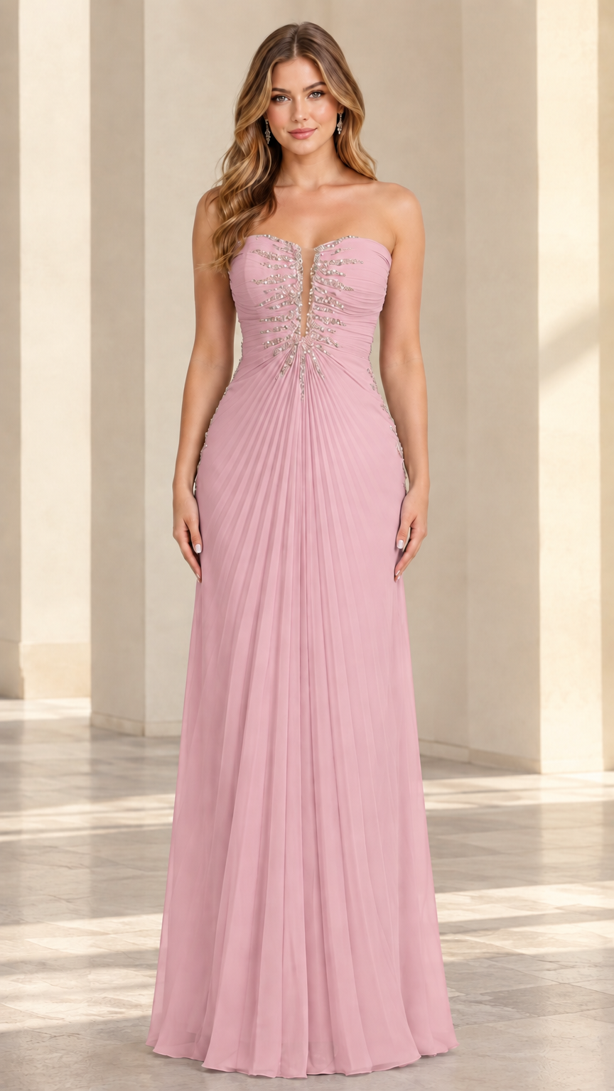 Front view of model wearing dusty pink strapless pleated chiffon maxi dress