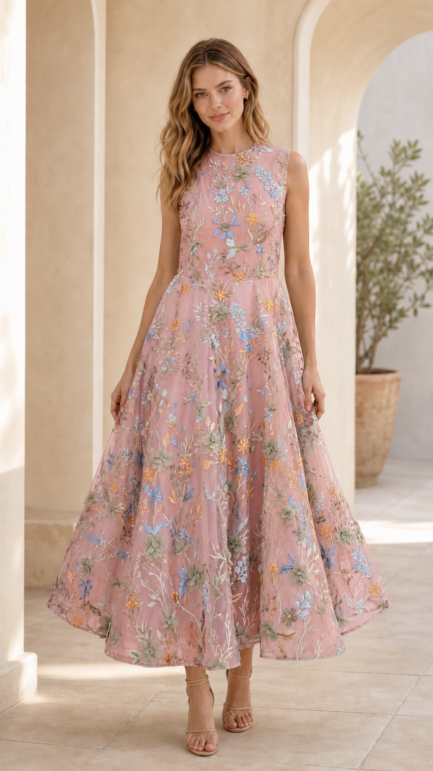 Pink floral embroidered midi dress front view