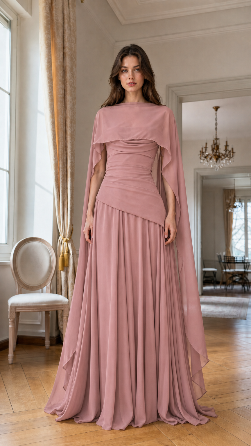Full front view of Dusty Rose chiffon evening dress