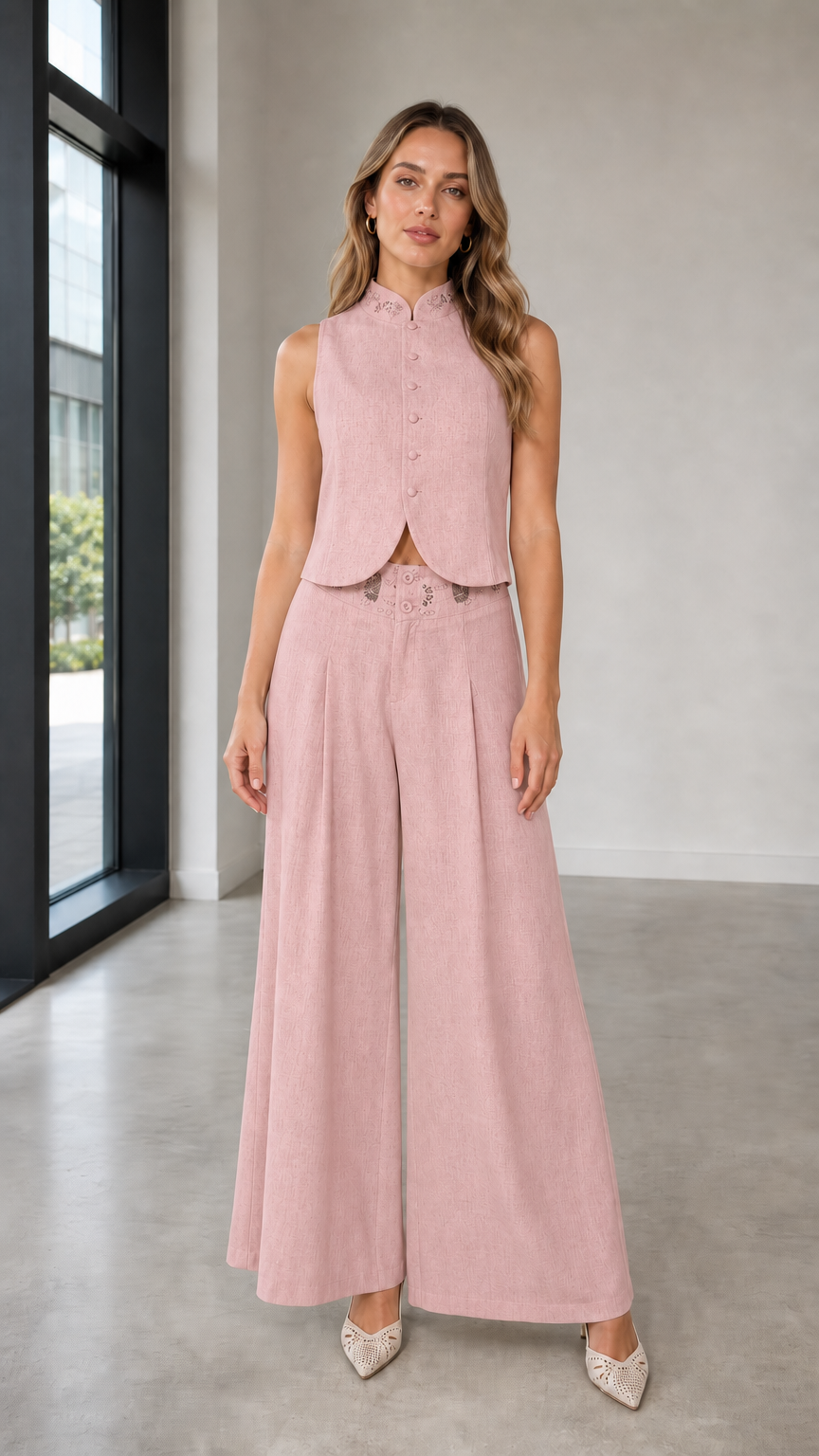 Full-body view of woman in pink two-piece set