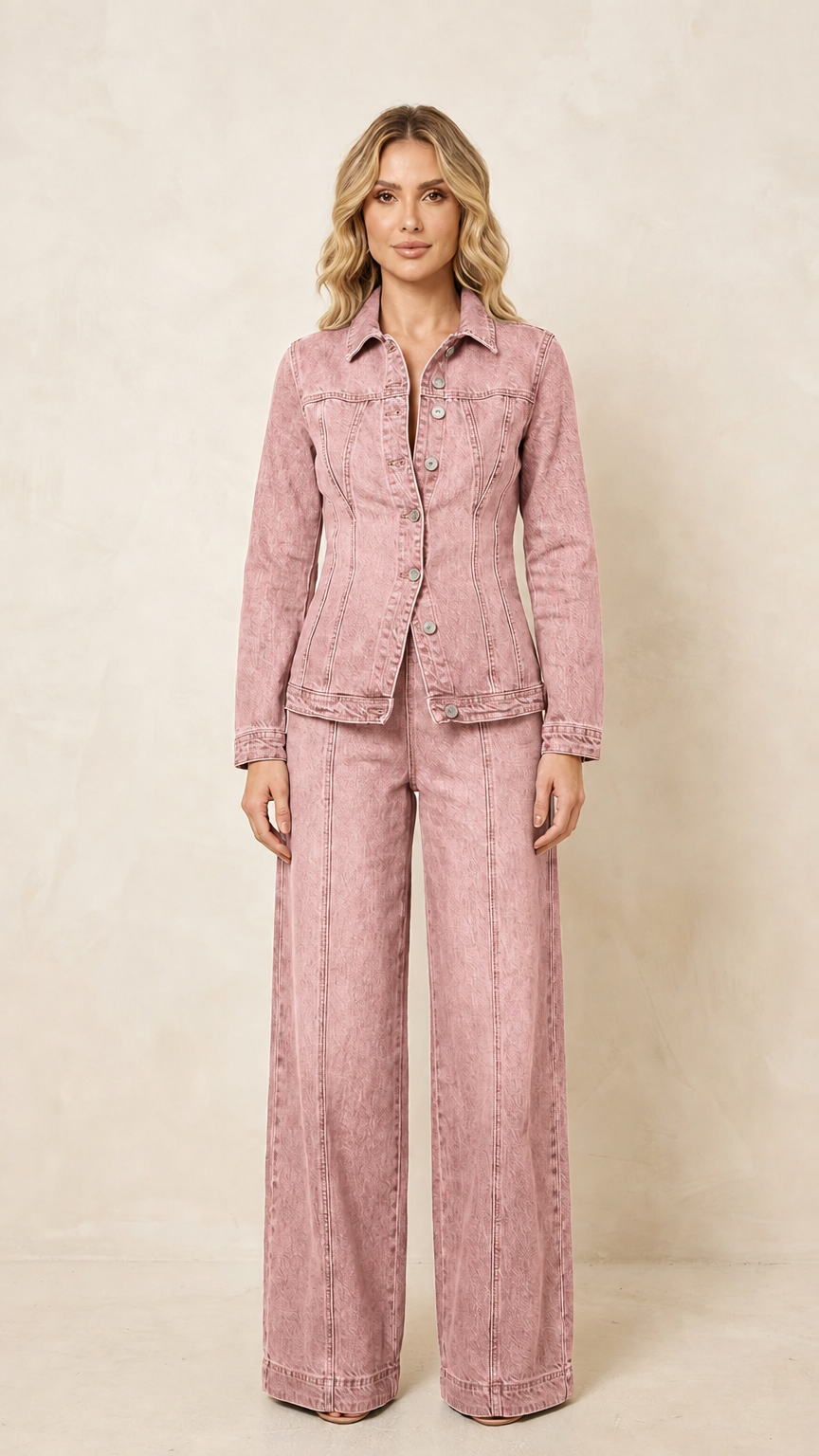 Front view of the women's dusty pink denim-style jacket and wide-leg pants set