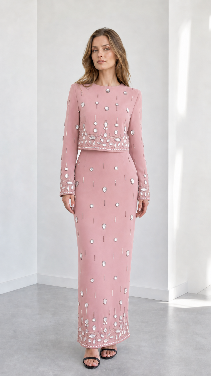 Dusty pink long sleeve rhinestone embellished top and maxi skirt two-piece formal set
