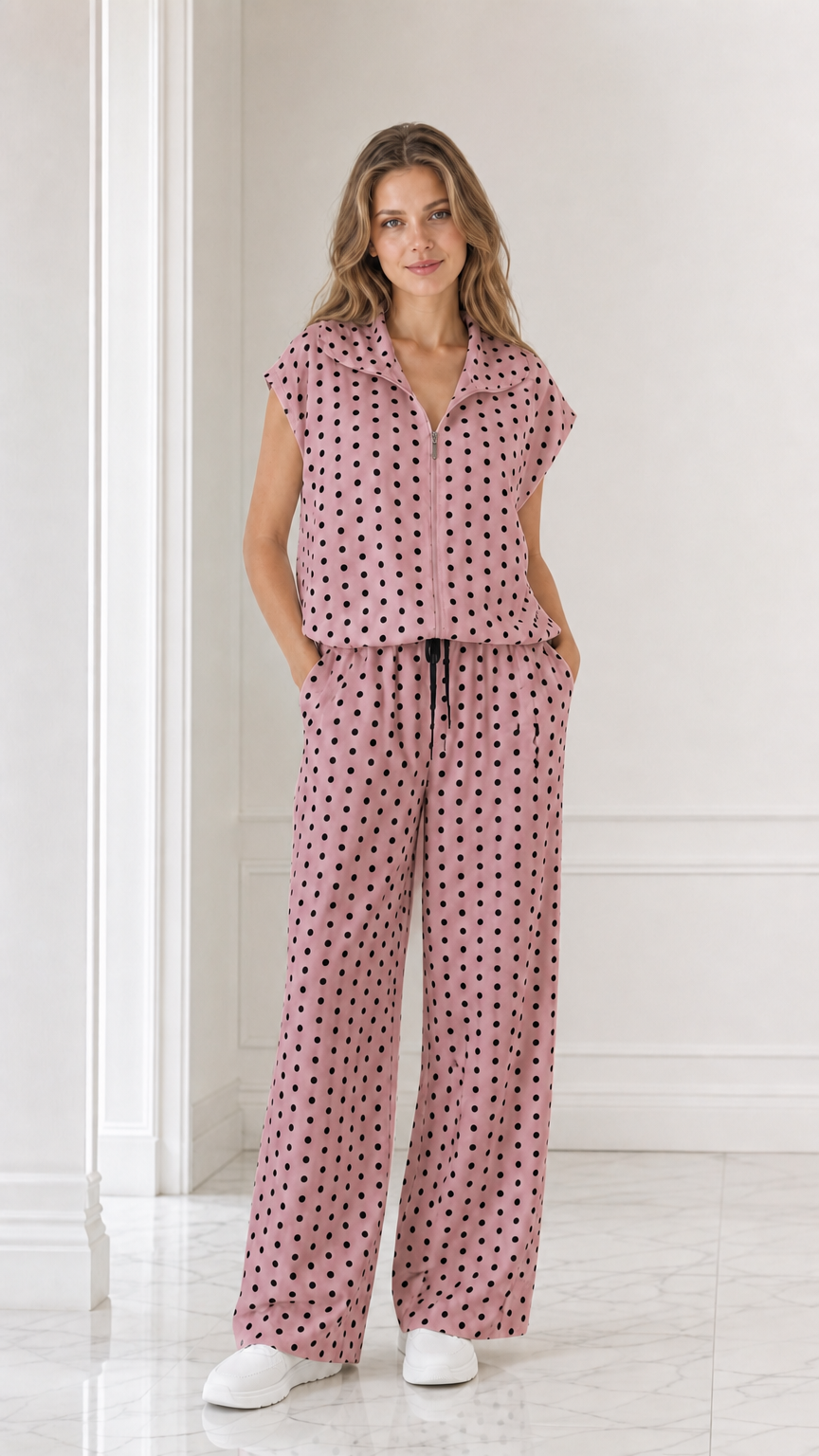 Model wearing dusty rose pink polka dot two-piece set with wide leg pants