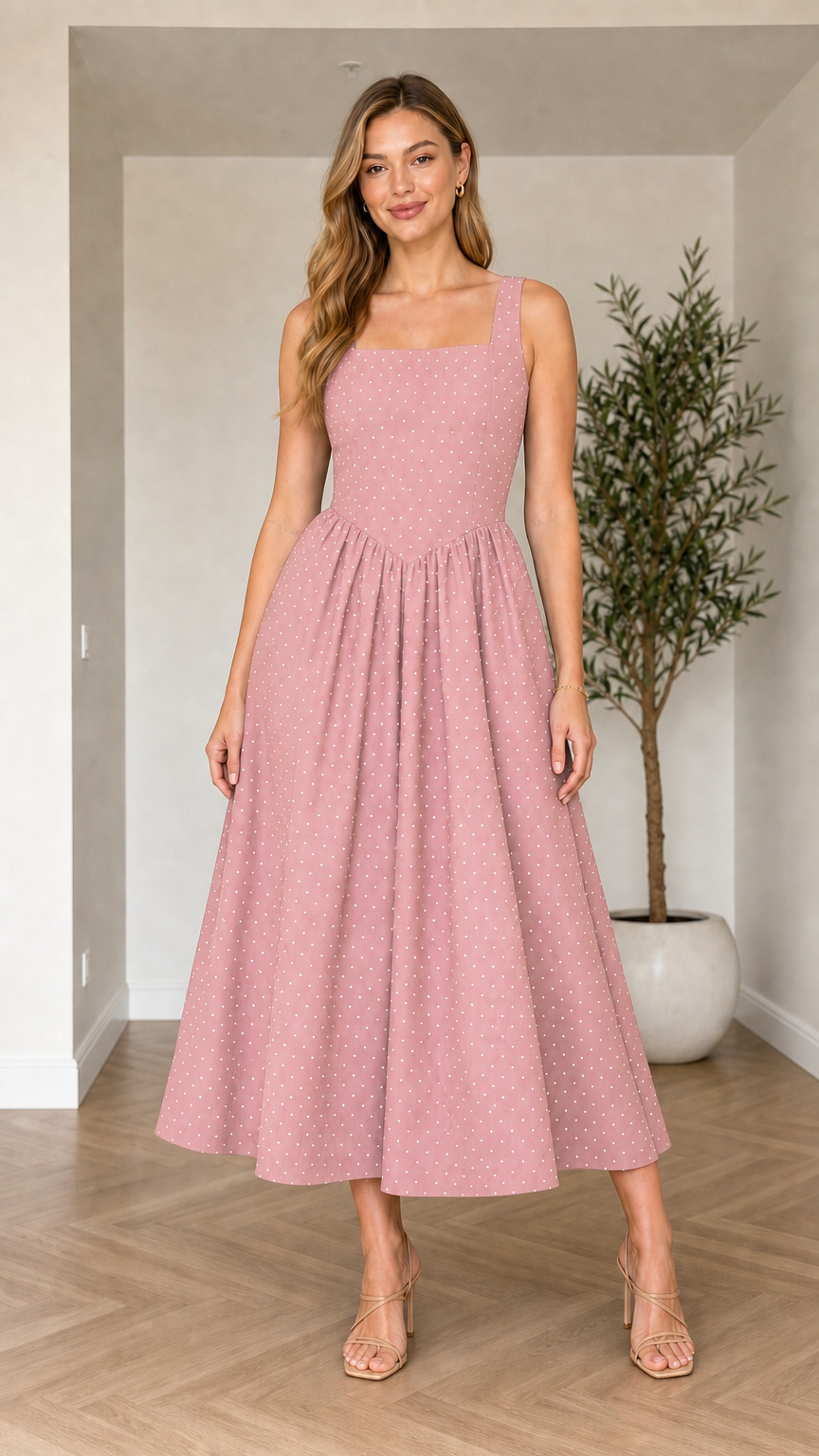 Front view of model wearing dusty pink polka dot square neck midi dress