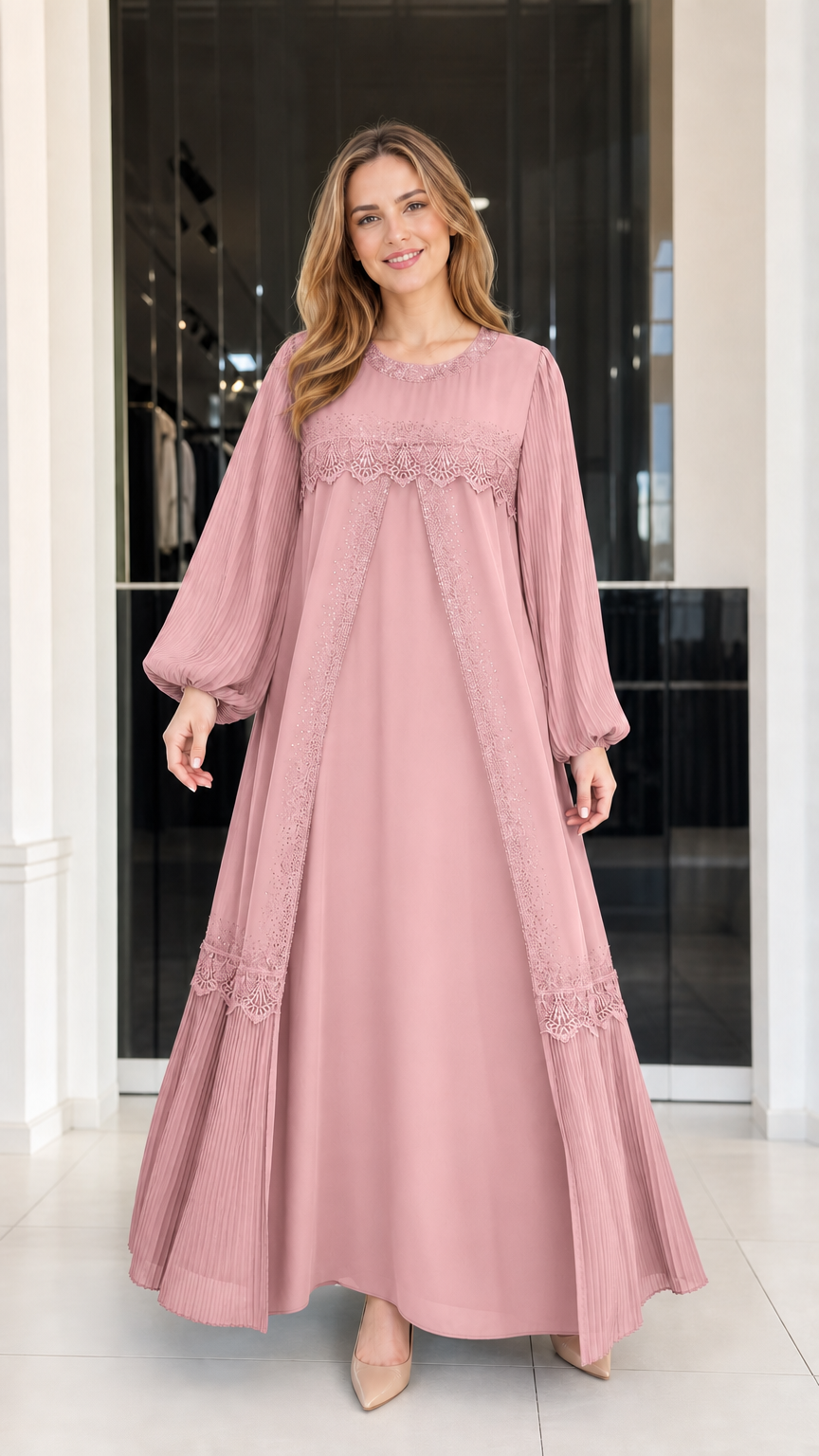 Front view of woman wearing dusty pink long sleeve lace trim evening maxi dress