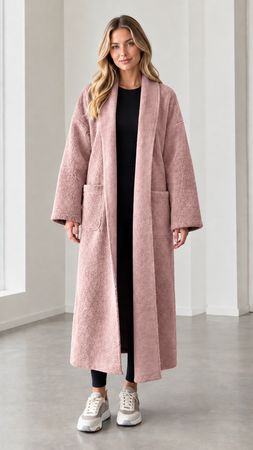 Model wearing dusty pink textured longline open front duster coat