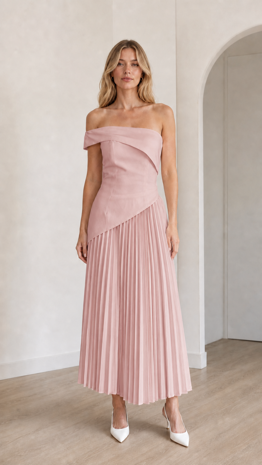 Model wearing pink off-shoulder asymmetric pleated midi dress
