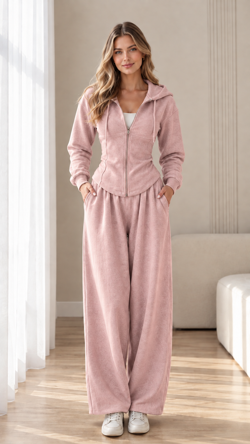 Front view of model wearing dusty pink corset hoodie and wide-leg sweatpants set