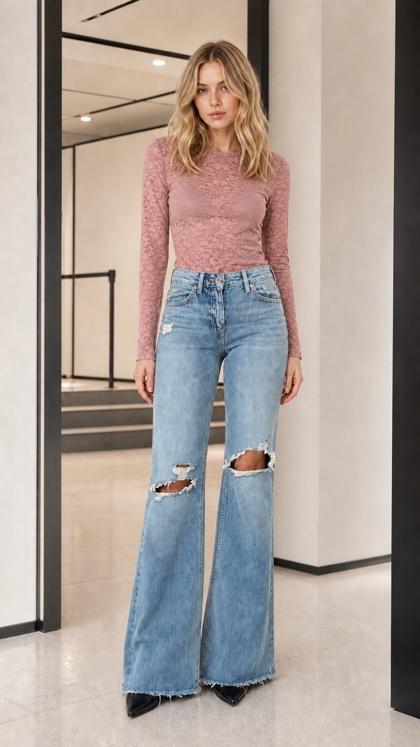 Model wearing pink long-sleeve sheer lace top with flare jeans