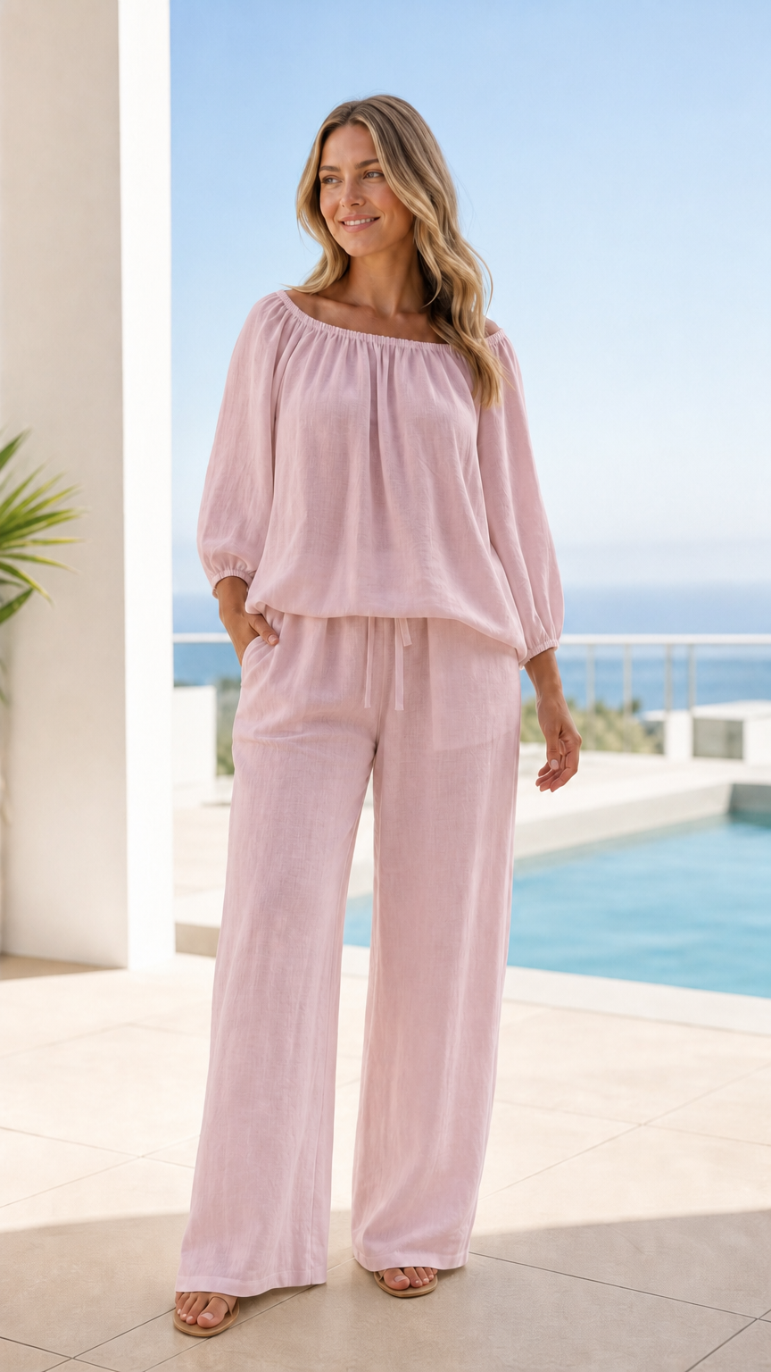 Woman wearing soft pink two-piece pants set