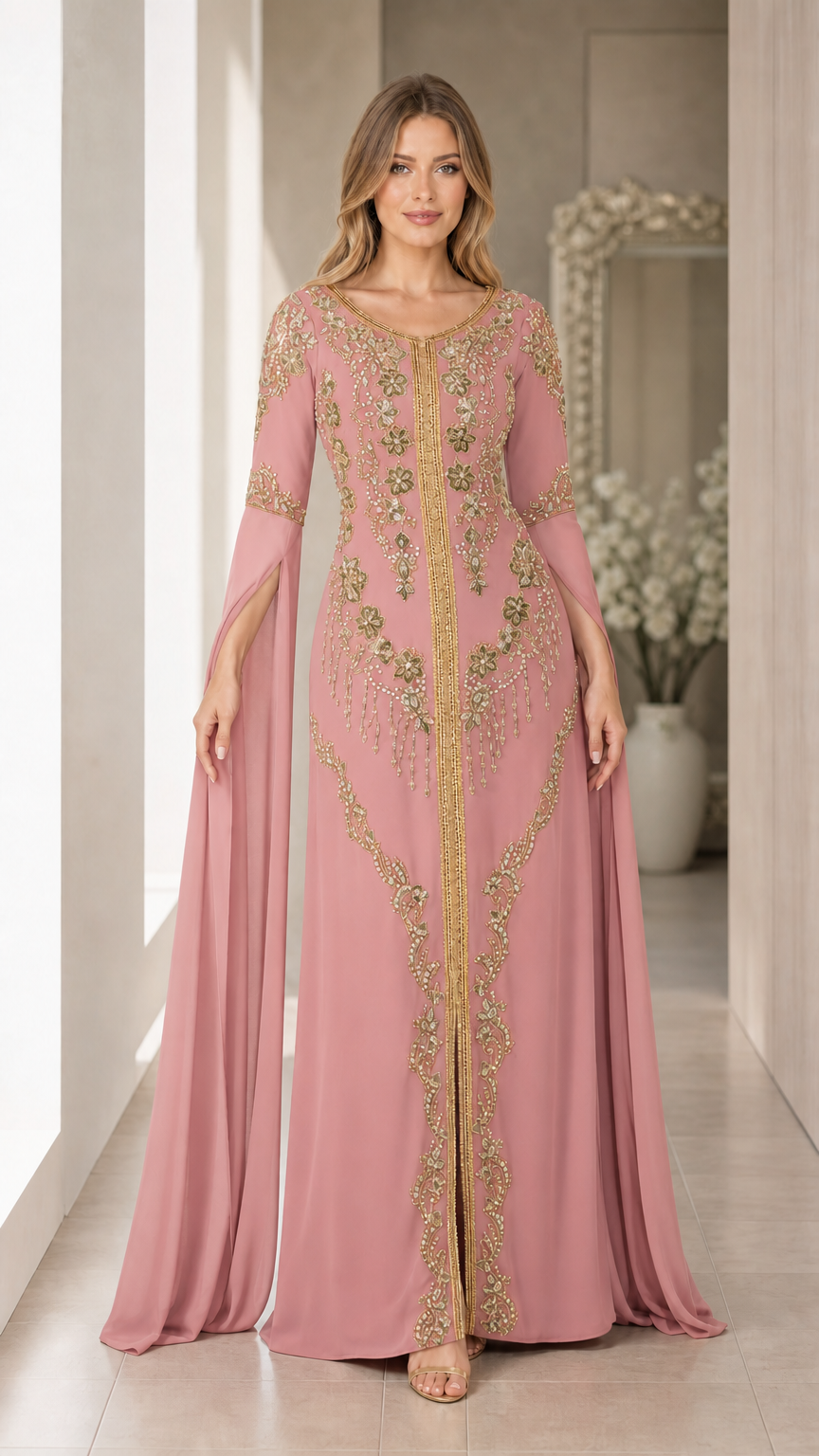 Front view of dusty pink embroidered cape sleeve kaftan evening dress