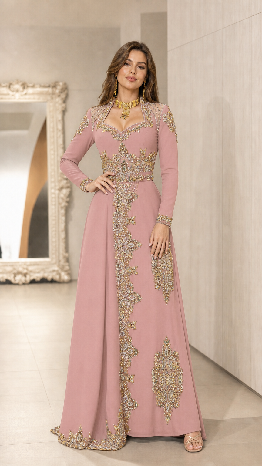 Dusty pink embroidered long sleeve kaftan formal gown