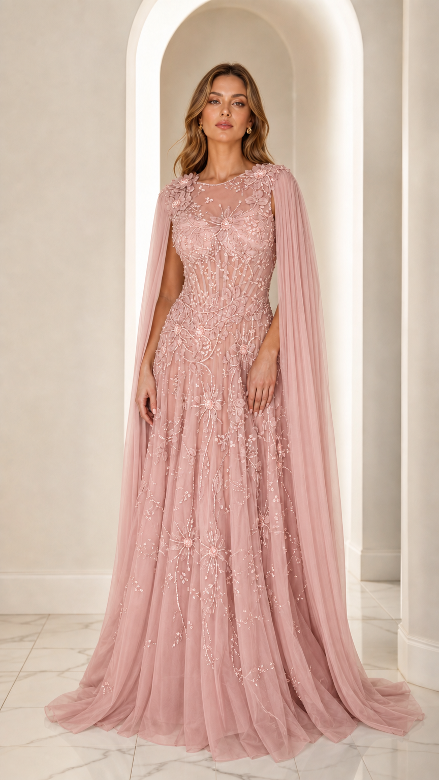 Blush pink beaded illusion cape sleeve maxi gown