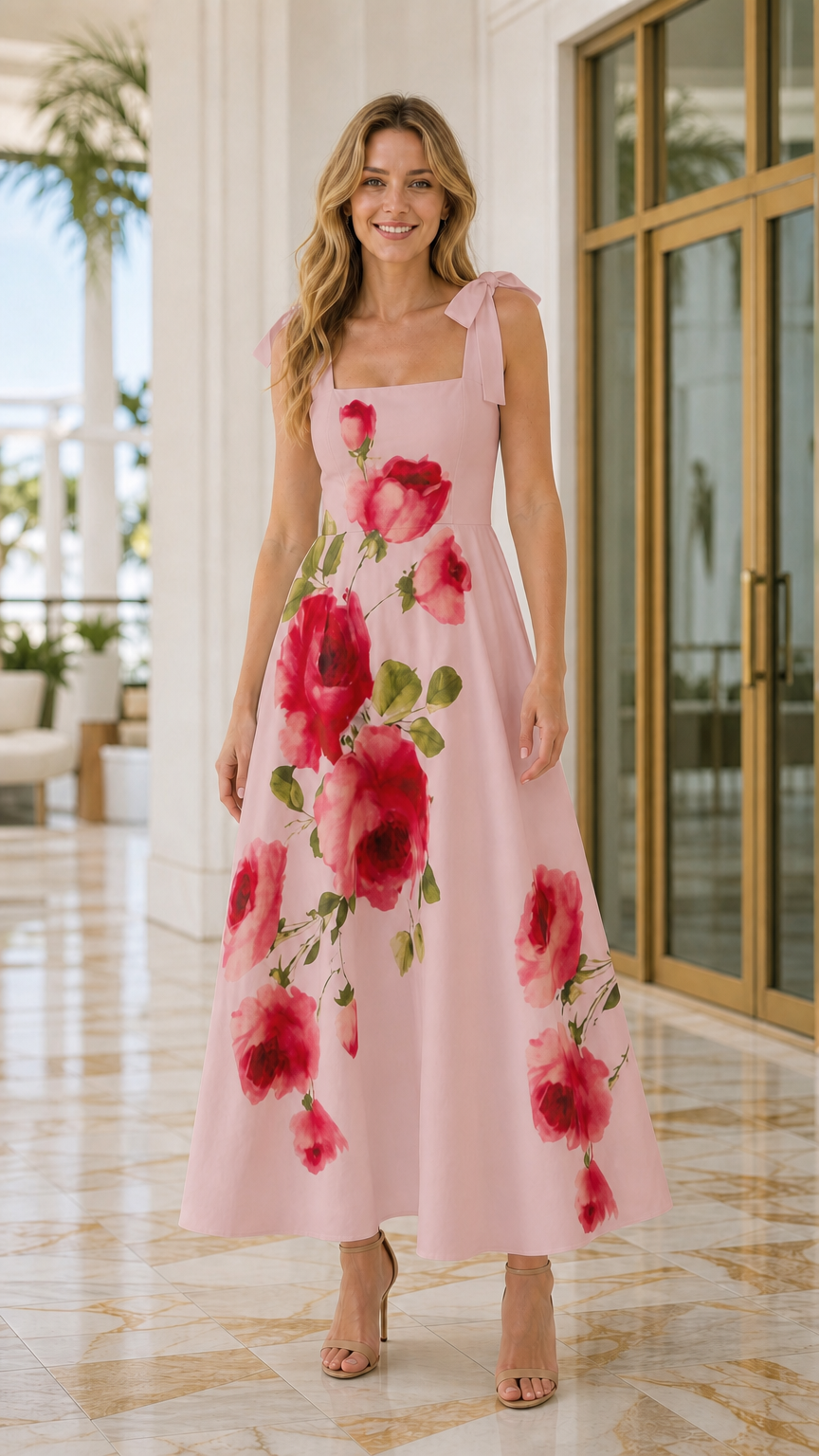 Front view of woman wearing pink floral maxi dress
