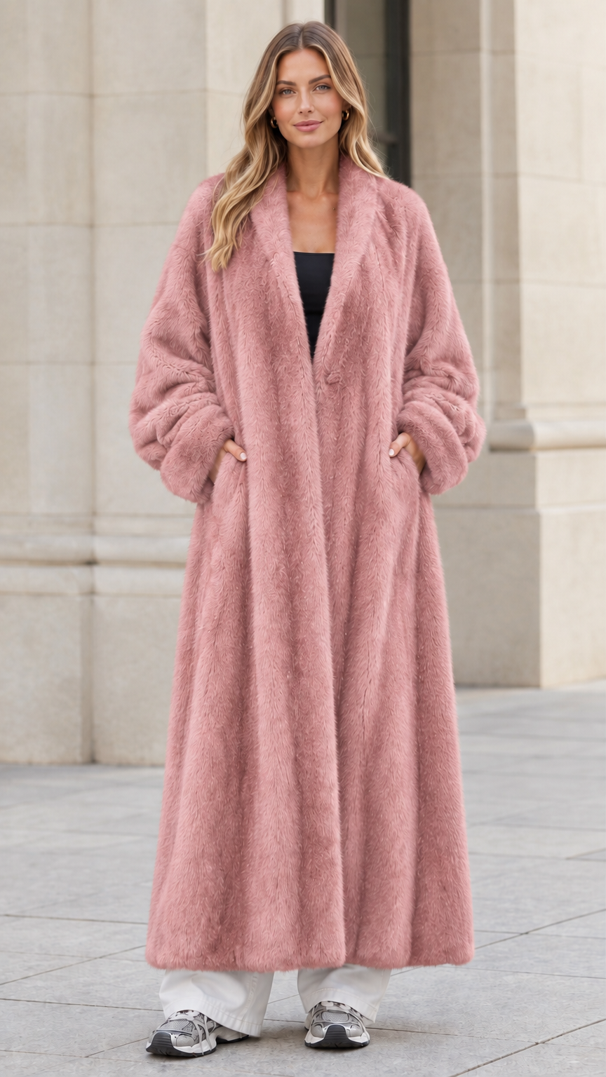 Front view of woman wearing dusty rose pink plush faux fur maxi coat