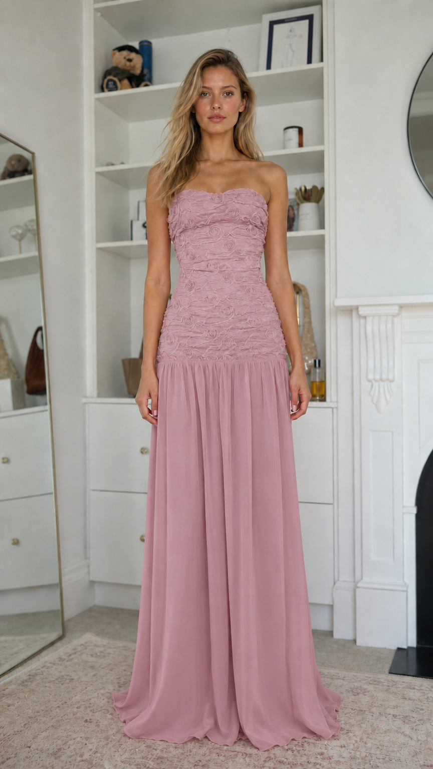 Elegance Strapless Textured Bodice Chiffon Maxi Dress in Mauve