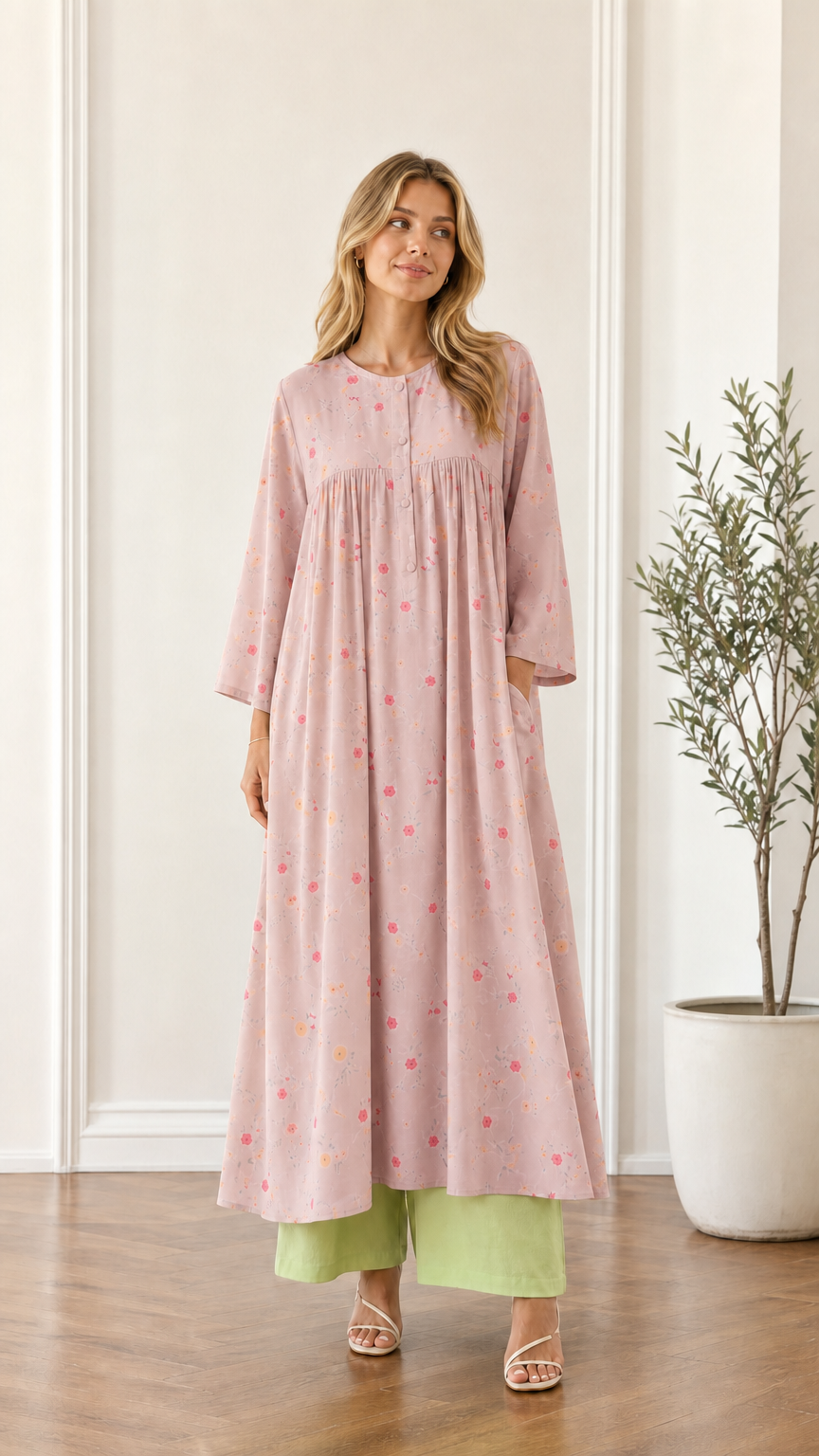 Front view of woman wearing dusty pink floral pleated maxi dress