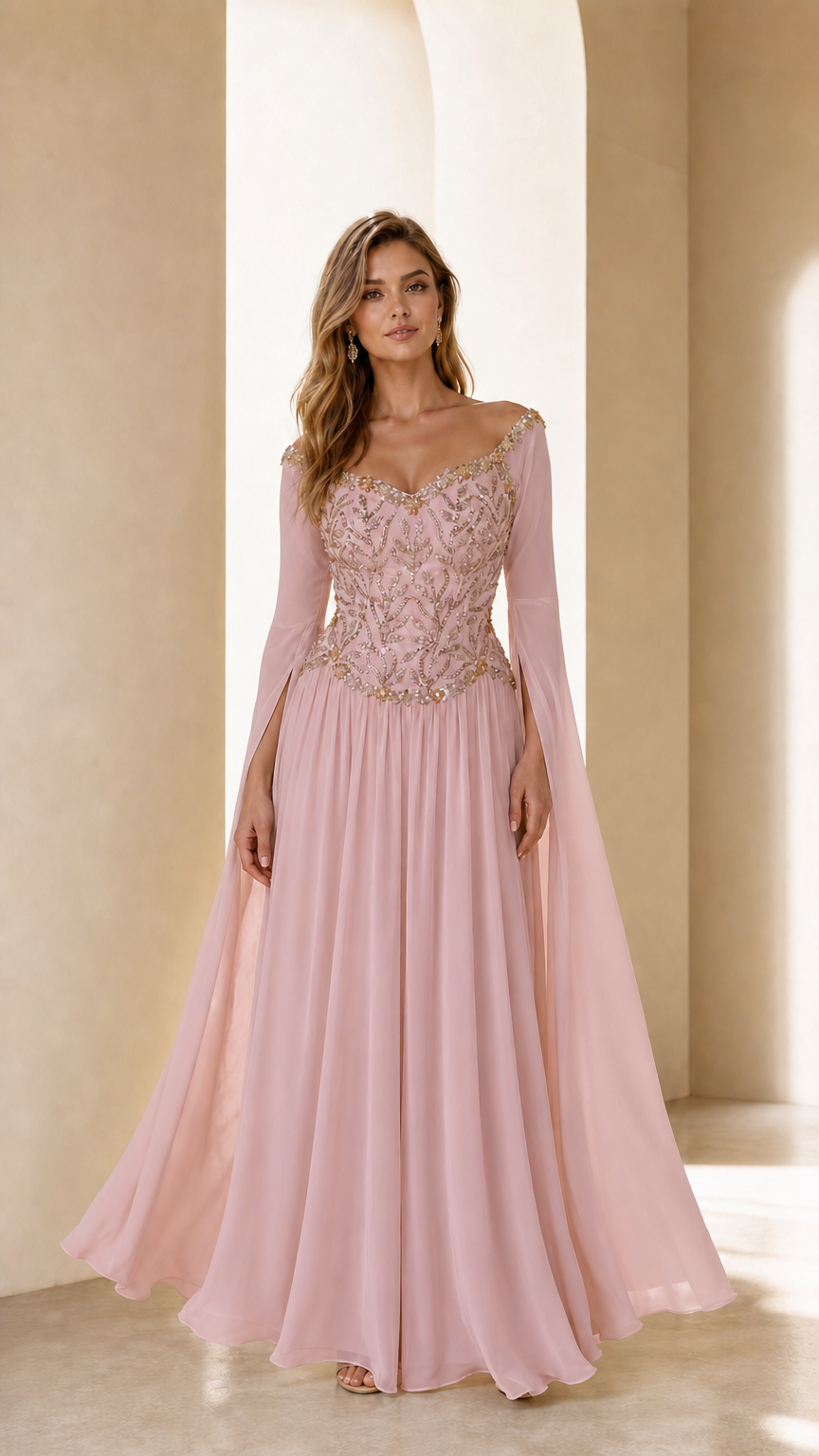 Front view of blush pink embellished evening gown