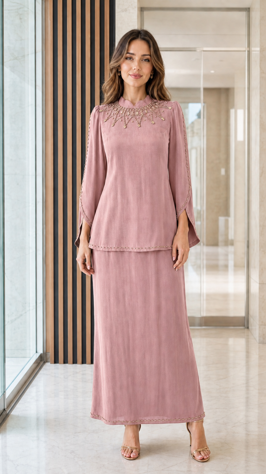 Dusty rose pink 2-piece modest embellished skirt set
