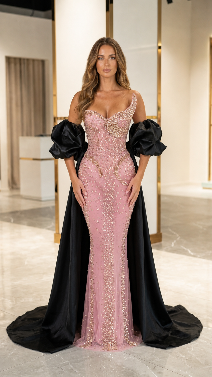 Blush pink beaded mermaid evening gown with contrast black cape and sleeves