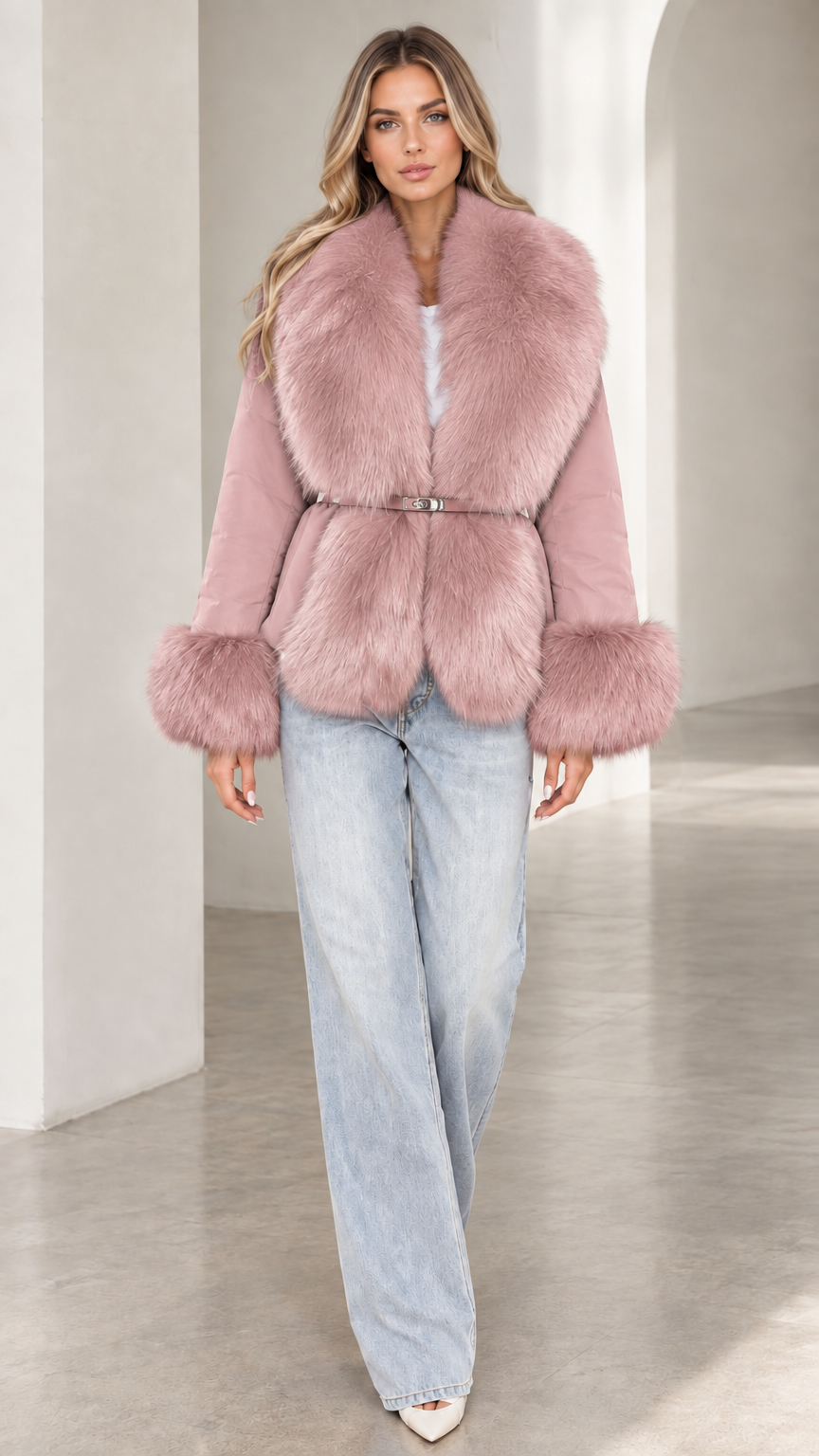 Model wearing dusty pink belted winter jacket with plush faux fur trim