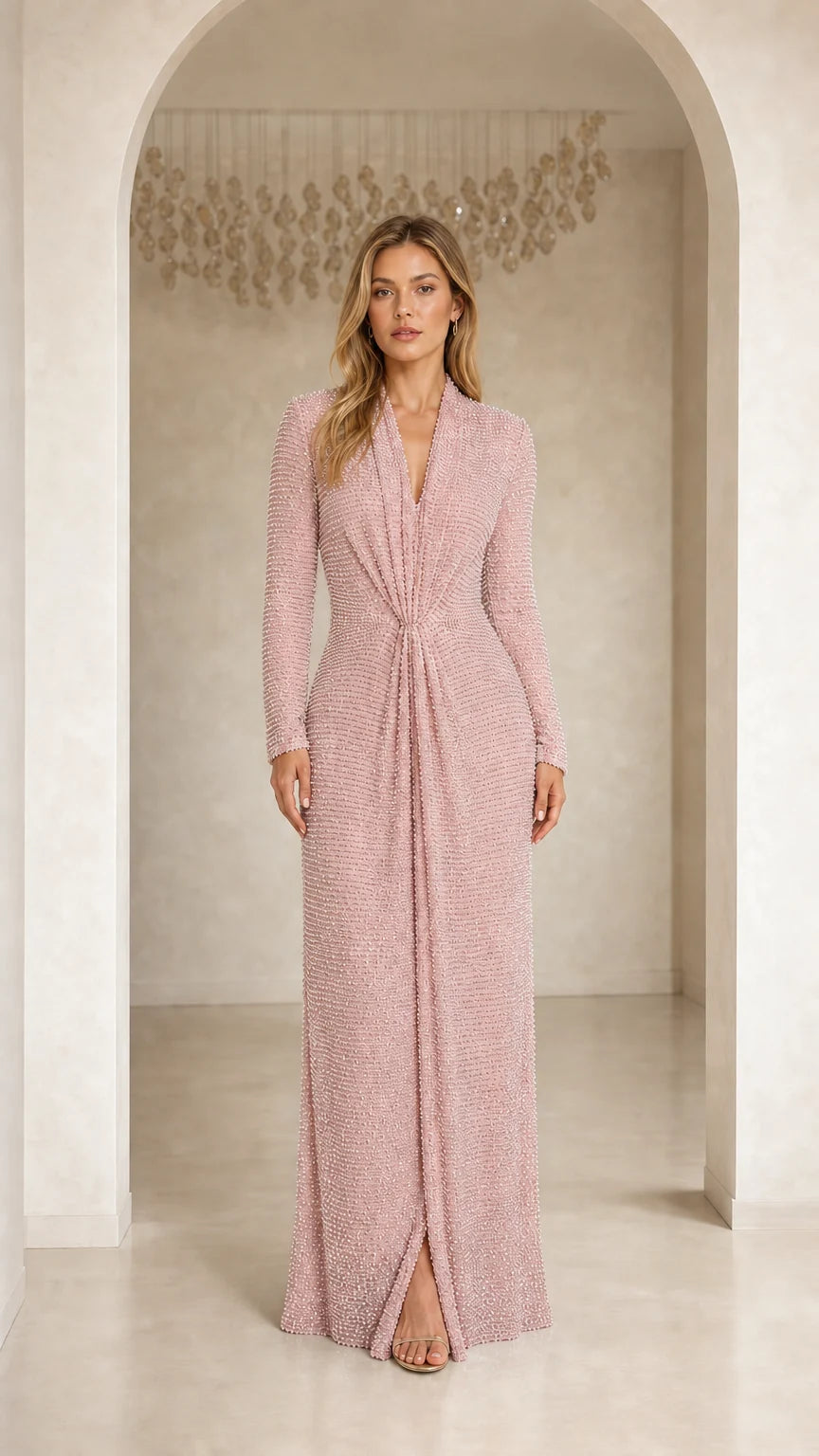 Model wearing Pink Elegance Sequin Long Sleeve Maxi Dress