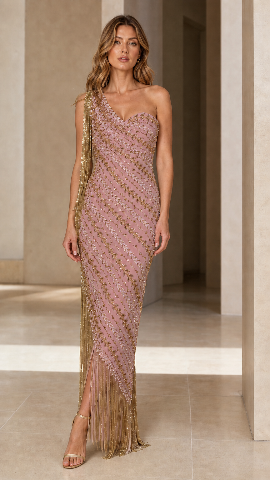 Dusty pink one-shoulder beaded maxi gown with gold sequin accents and fringe