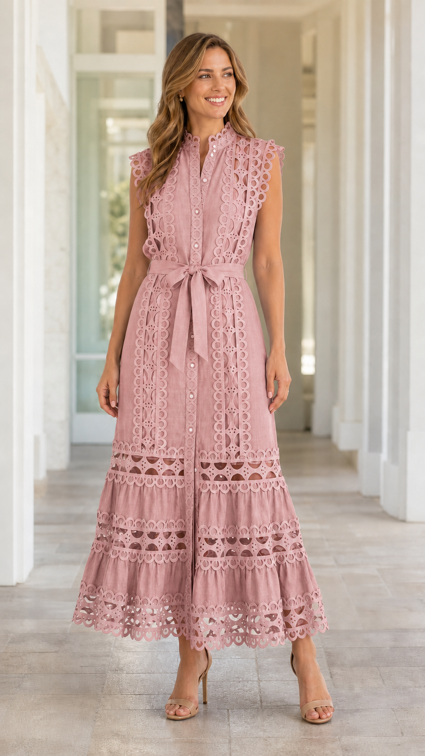 Full length view of model wearing Dusty Pink eyelet lace midi dress